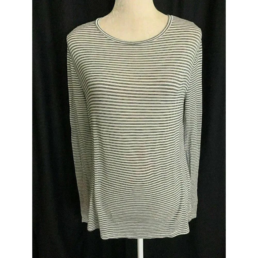 Zara Womens Black White Striped Long Sleeve Stretch Crew Neck Top T Shirt Medium